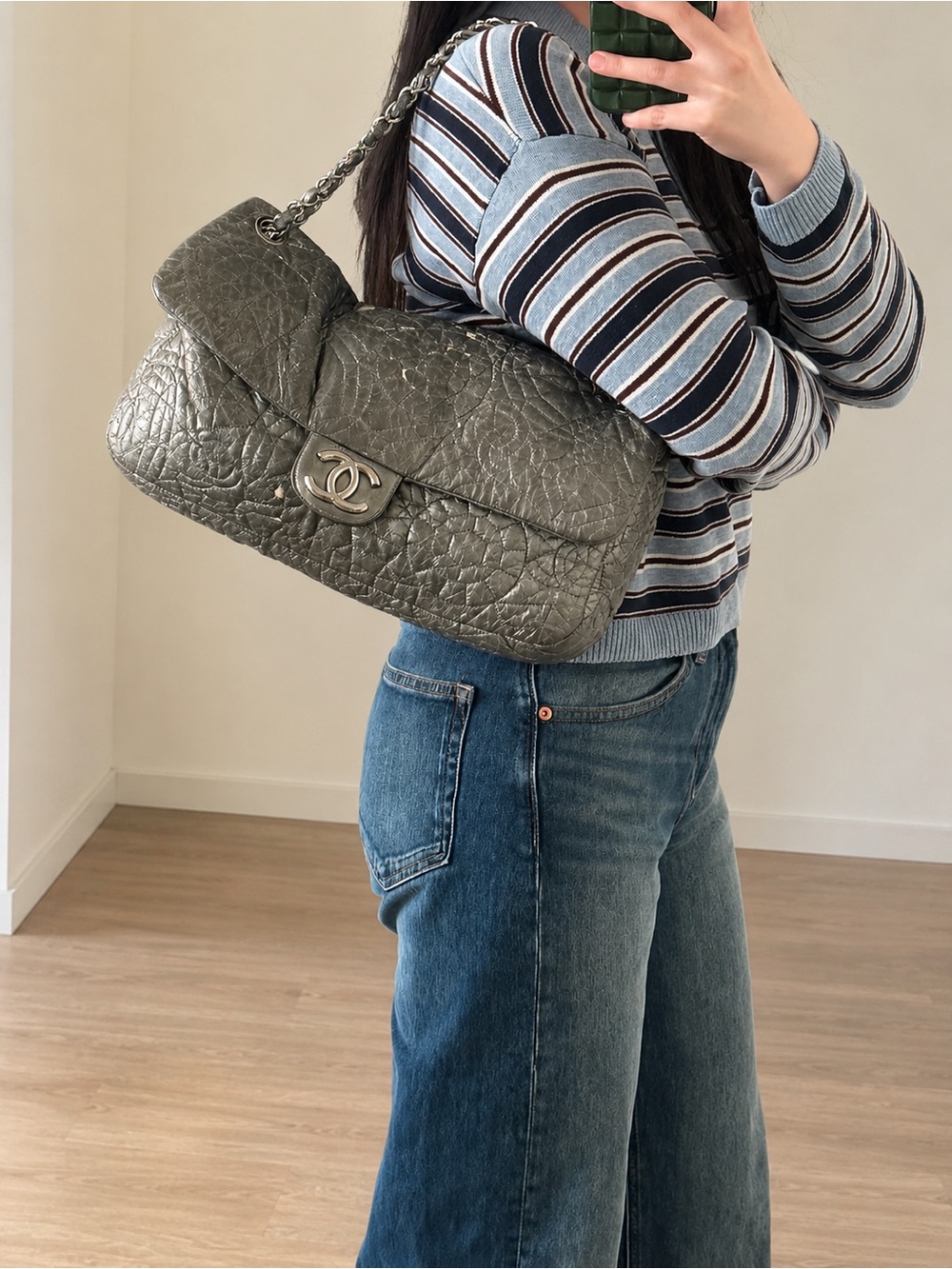 Chanel Silver Camellia Graphic Edge Flap Maxi Bag (Project)